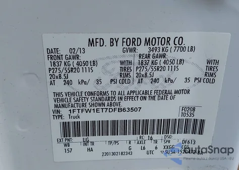 2013 Ford F-150 Lariat from USA, damaged, VIN 1FTFW1ET7DFB63507